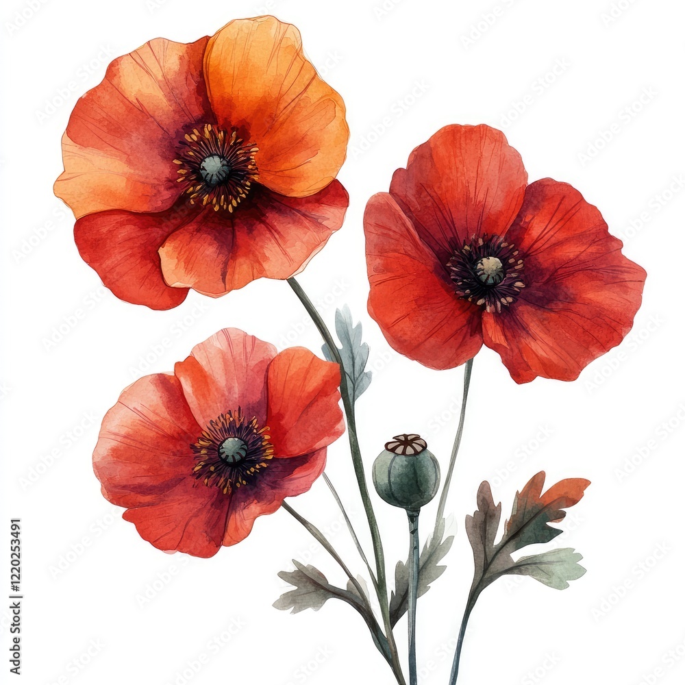 Fototapeta premium Vibrant watercolor illustration of three red poppy flowers with green leaves and a bud, showcasing natural beauty