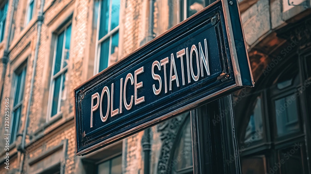 Obraz premium STATION Signboard indicating the police station's name and services, placed near the entrance. Police station building 