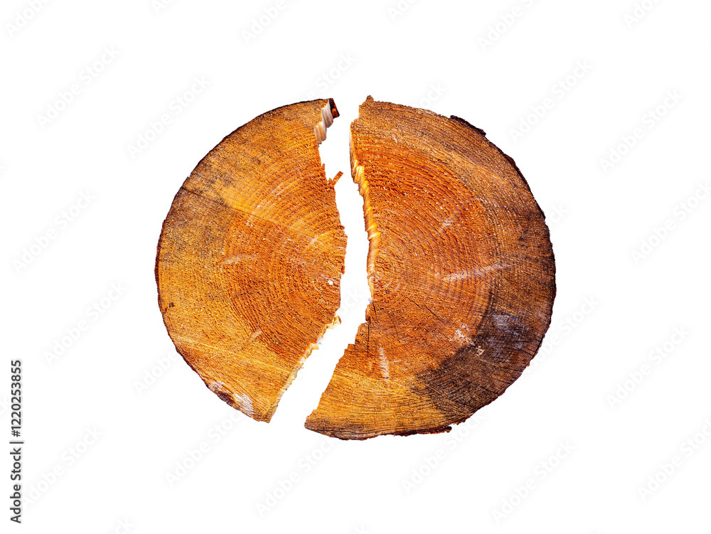 A cut of a tree split into two halves. Industrial logging. Harvesting firewood. The image is isolated without a background in png format. Insert into a mockup. Detail photo for a template. A cut of a tree split into two halves. Industrial logging. Harvesting firewood. The image is isolated without a background in png format. Insert into a mockup. Detail photo for a template.