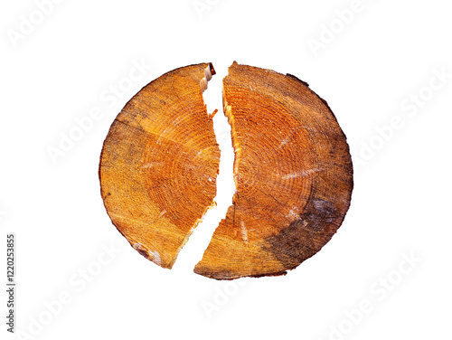 A cut of a tree split into two halves. Industrial logging. Harvesting firewood. The image is isolated without a background in png format. Insert into a mockup. Detail photo for a template. photo