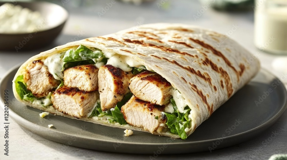 Grilled chicken wrap with creamy dressing and lettuce. Food photography for recipe blogs Grilled chicken wrap with creamy dressing and lettuce. Food photography for recipe blogs