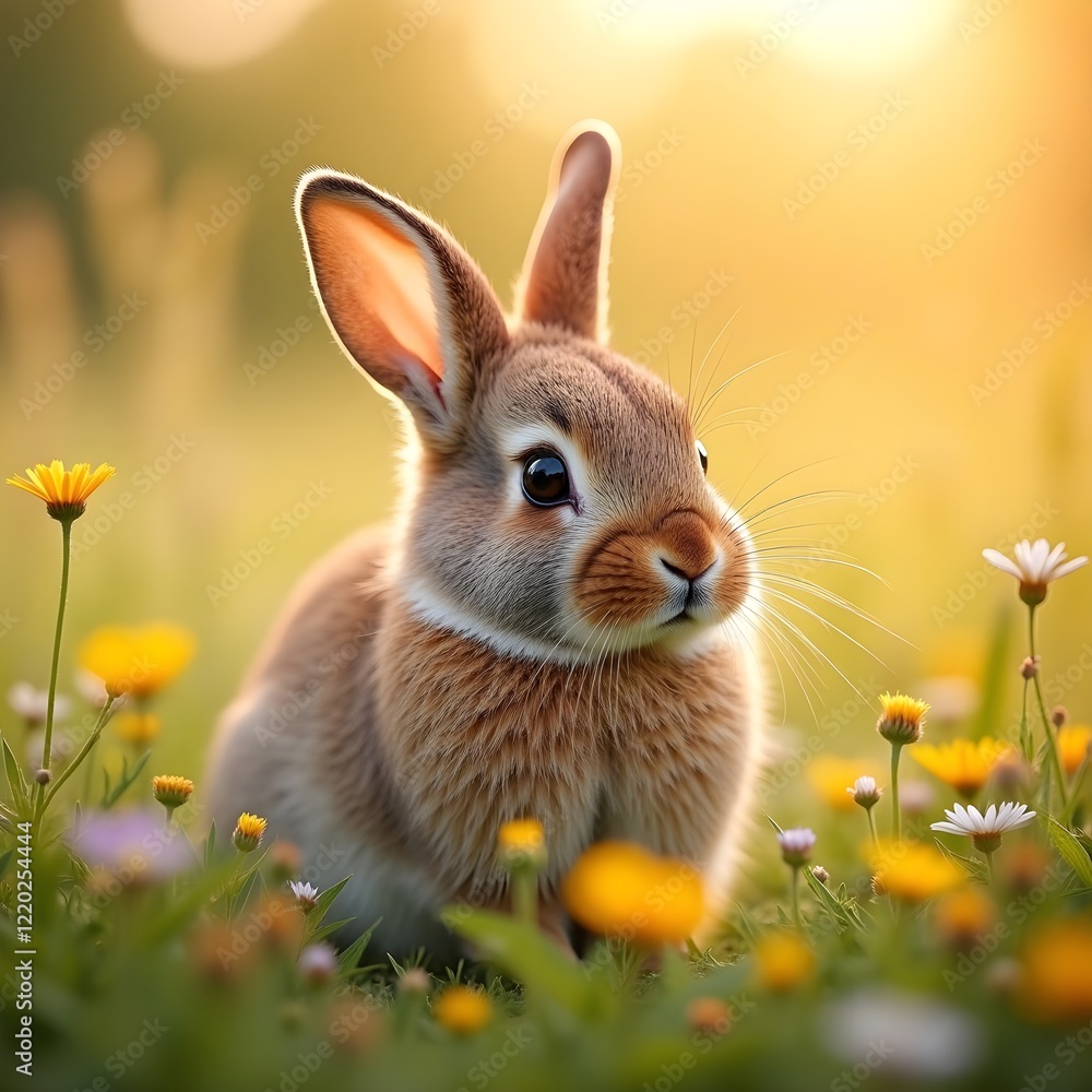 Fototapeta premium Young Brown Rabbit Sitting Peacefully in Sunlit Yellow and White Flower Field