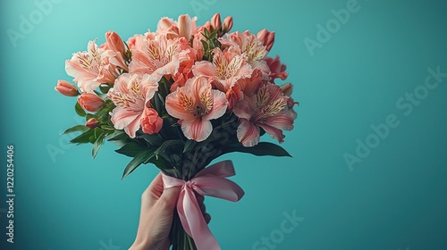 Hand holds pink flower bouquet, tied with bow against a solid color background