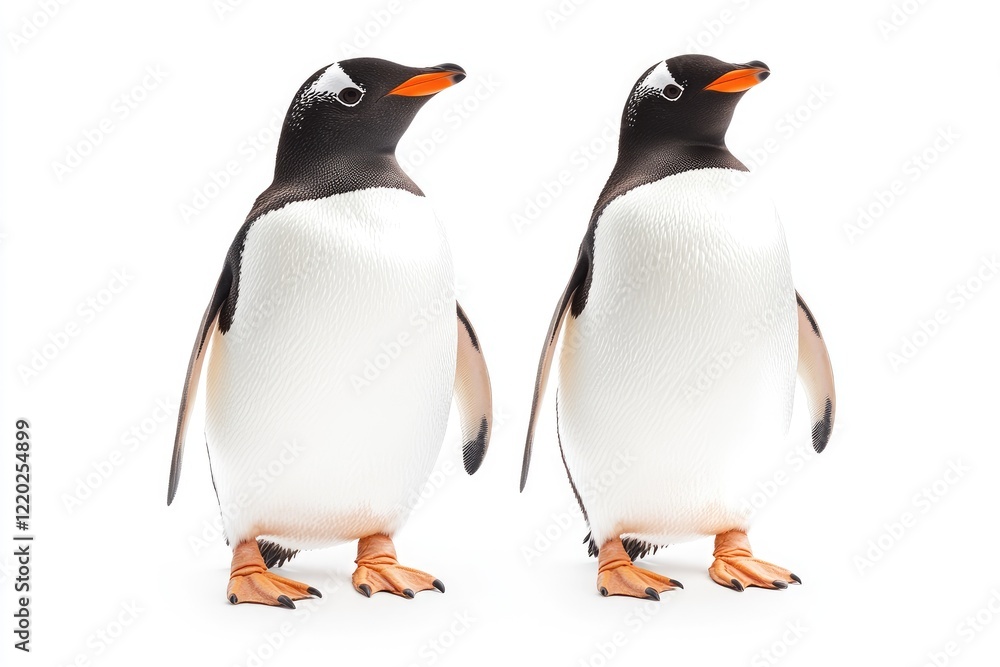 Fototapeta premium Two realistic penguin figurines standing upright against a white background, showcasing their vibrant colors