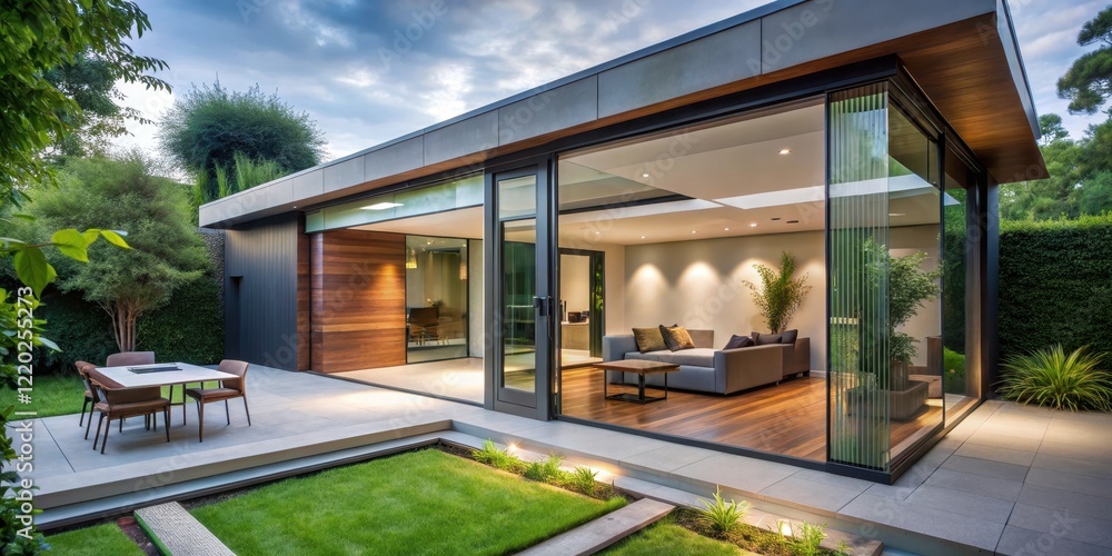 Fototapeta premium Modern house with sleek sliding doors opening to lush garden, modern house, garden