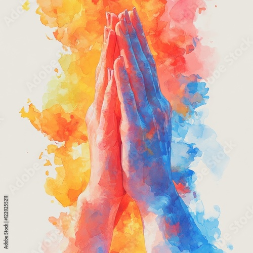 Vibrant watercolor illustration of two hands in prayer amidst a colorful abstract background
