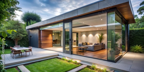 Wallpaper Mural Modern house with sleek sliding doors opening to lush garden, modern house, garden Torontodigital.ca