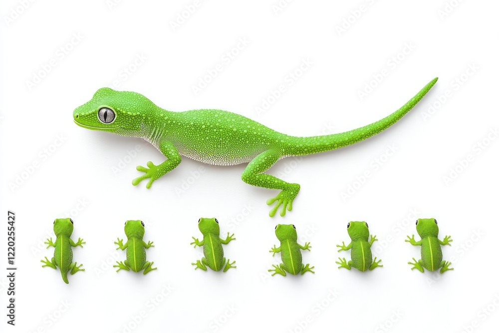 A vibrant green gecko and smaller lizards arranged in a line on a white background, showcasing their colors and forms A vibrant green gecko and smaller lizards arranged in a line on a white background, showcasing their colors and forms