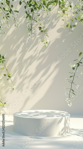 White Pedestal Surrounded by Blossoming Greenery and Soft Shadows