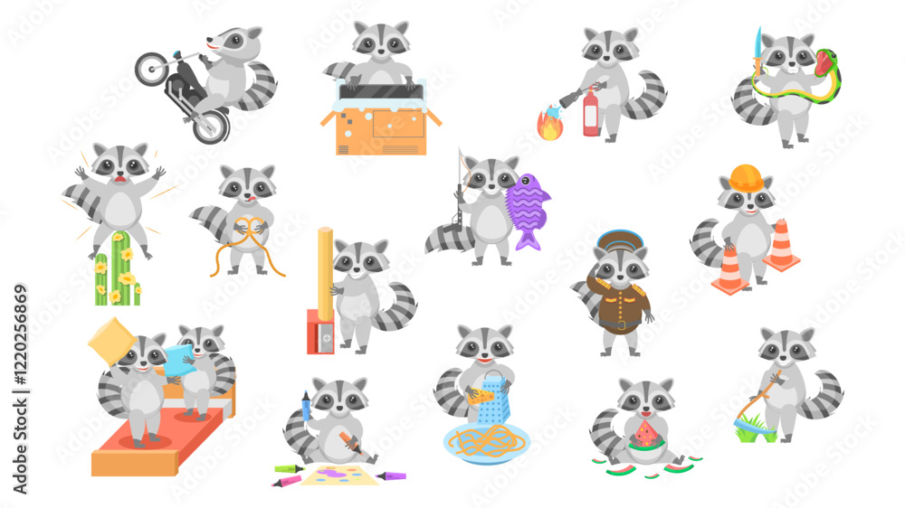 Obraz premium Big Set Abstract Collection Flat Cartoon Different Animal Raccoons Vector Design Style Elements Fauna Wildlife