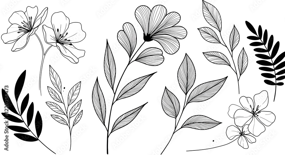 Fototapeta premium Minimalist line-art flowers and leaves in black and white for a chic, modern look