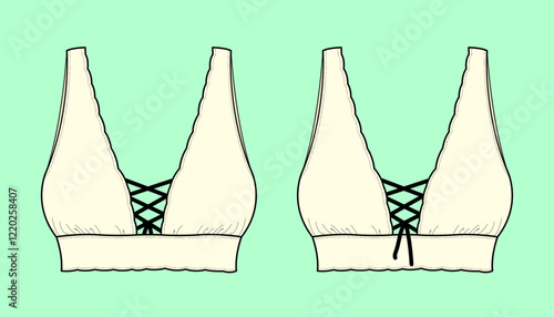 Summer V-neck Sleeveless Crop Tops Causal Women Lightweight Stretchy Floral Lace Lingeries Criss Cross Bralette Top flat sketch outline template.