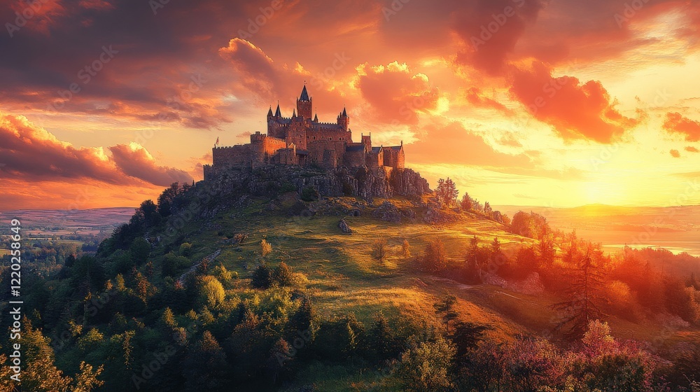 Majestic Castle Sunset Hilltop Landscape Majestic Castle Sunset Hilltop Landscape