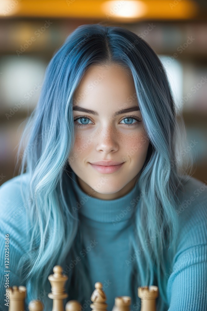 Fototapeta premium Girl with bright blue hair enjoys a quiet moment while playing chess at a cozy cafe, surrounded by warm lighting and wooden decor in the afternoon