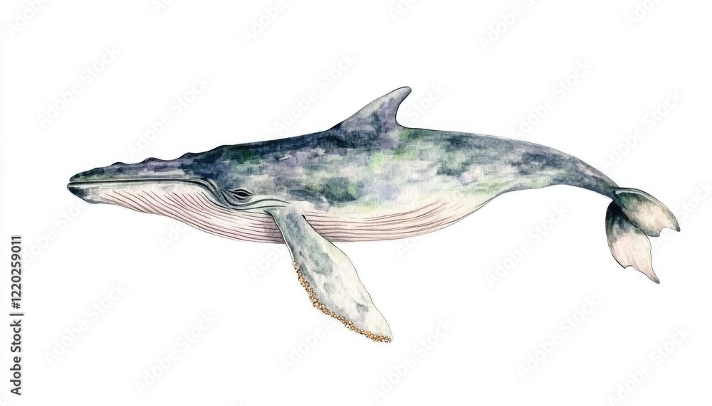 A serene watercolor illustration of a whale swimming gracefully through a tranquil ocean scene