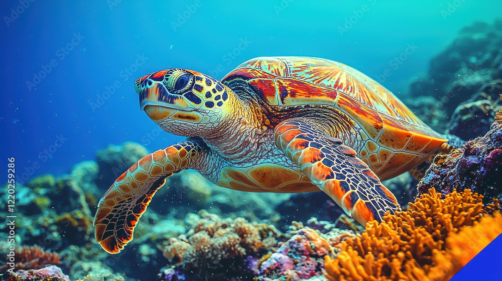 Fototapeta premium Sea Turtle Amidst Coral Reef: A captivating sea turtle, adorned with vibrant orange, red, and brown markings, glides through a vibrant coral reef teeming with life.