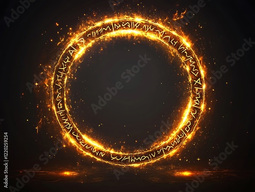 Fiery magic circle with runes on dark background, ideal for fantasy projects
