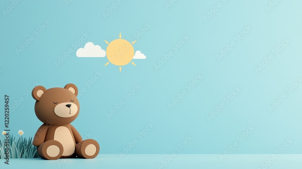 Fototapeta premium Charming pastel illustration of a bear sitting peacefully in a sunny meadow under a clear blue sky, enjoying the warmth and serenity of a tranquil afternoon