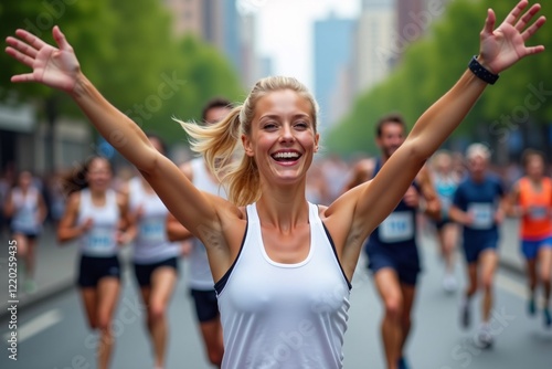 A joyful woman celebrates as she crosses the marathon finish line, surrounded by energetic runners in a vibrant city setting