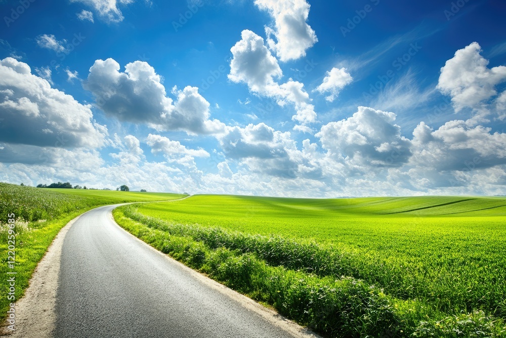 Prairie landscape extending to the horizon, vibrant green fields under a sky dotted with fluffy clouds, each casting shadows on the ground below, with a winding country road adding depth. Prairie landscape extending to the horizon, vibrant green fields under a sky dotted with fluffy clouds, each casting shadows on the ground below, with a winding country road adding depth.