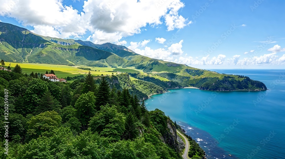 Fototapeta premium Stunning Coastal Mountain Landscape with Lush Green Hills