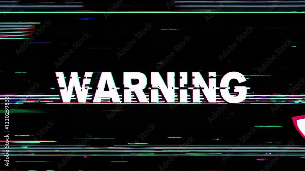 Warning text pulses in digital void. Static camera position with RGB