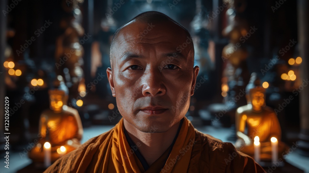 Portrait of a bald man in a brown robe with golden Buddha statues and candles Portrait of a bald man in a brown robe with golden Buddha statues and candles