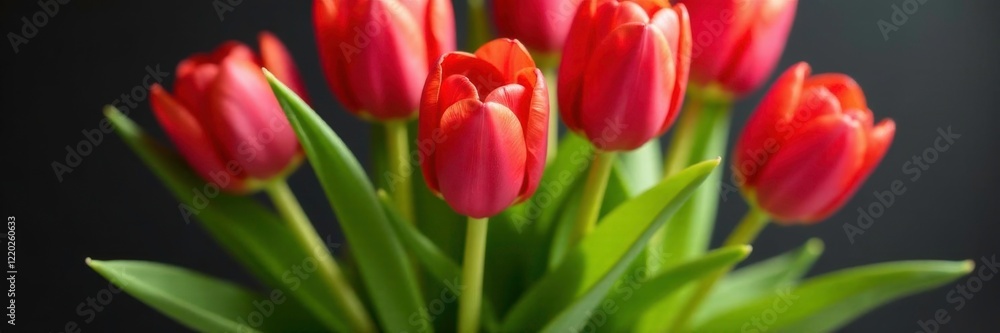 Delicate tulip stems entwined with greenery, forming a lush bouquet centerpiece, red, bouquet Delicate tulip stems entwined with greenery, forming a lush bouquet centerpiece, red, bouquet