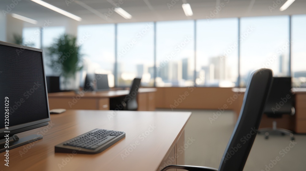 Modern office environment with workstations, computer setup, and city view during the day in a spacious workspace filled with natural light and greenery Modern office environment with workstations, computer setup, and city view during the day in a spacious workspace filled with natural light and greenery
