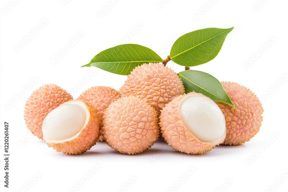 Fresh lychees with green leaves arranged on a white background showcasing their unique texture and color Fresh lychees with green leaves arranged on a white background showcasing their unique texture and color