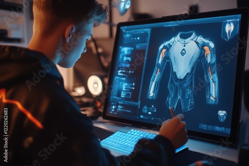 Focused teenager draws clothes for game character using 3d modeling program. Boy with digital pencil and tablet in hands sits in room, creates 3d models. Game design and development concept