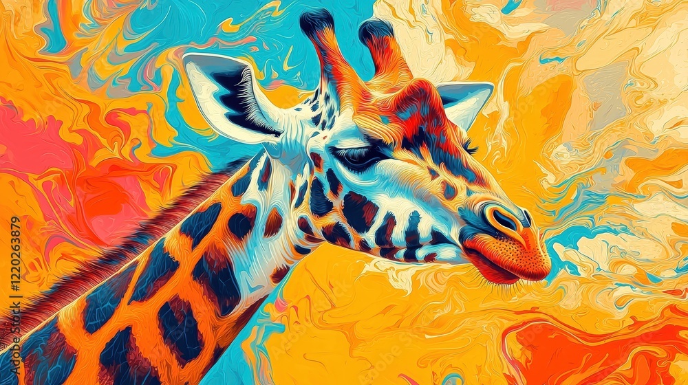 Obraz premium An imaginative take on wildlife, showcasing a giraffe amidst a blend of bright colors.