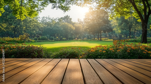 empty wooden table wood floor stage and blurred outdo