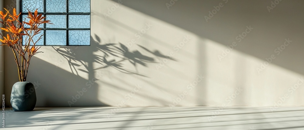 Obraz premium Minimalist Beige Room Interior Plant Shadow Window Light Product Display