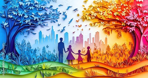 Combining the beauty of nature and urban life to depict joyful family moments in paper artistry.