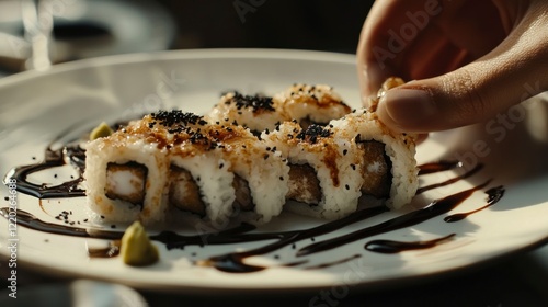 A beautiful plate of sushi rolls with white and dark rice, drizzled in balsamic sauce and sprinkles of black shadowy shadows. A person's hand is holding the dish, adding an element to create a visuall photo