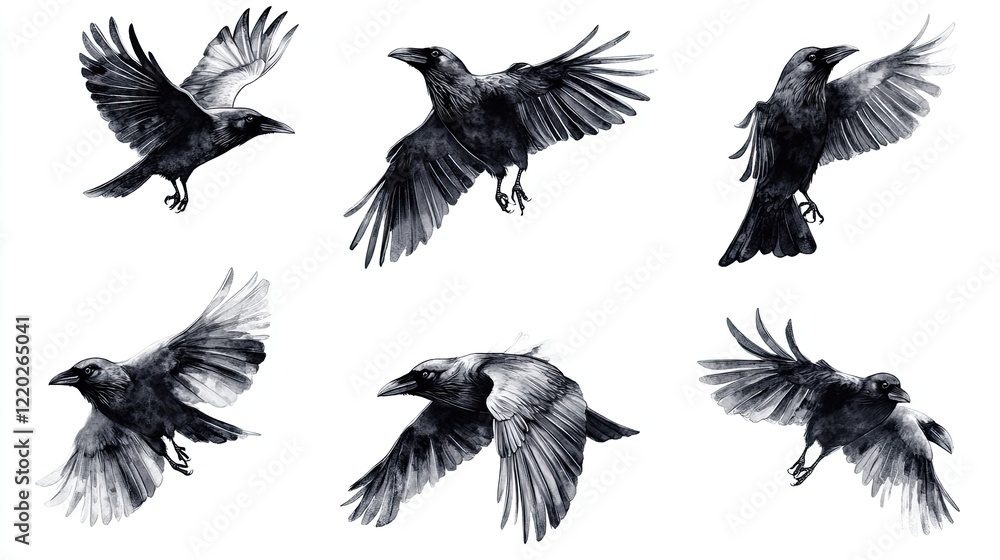 Set of raven or crow birds with their wings spread mid-flight, offering a dramatic and mysterious visual, perfect for nature, folklore, or artistic themes Set of raven or crow birds with their wings spread mid-flight, offering a dramatic and mysterious visual, perfect for nature, folklore, or artistic themes