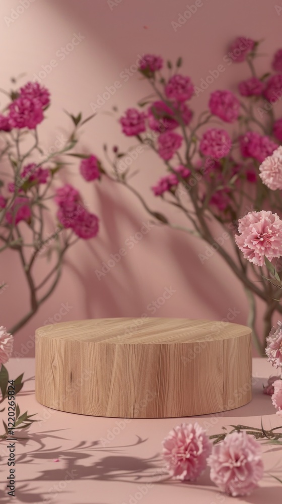 Obraz premium Wooden Display Stand Surrounded by Pink Flowers on Soft Pink Background