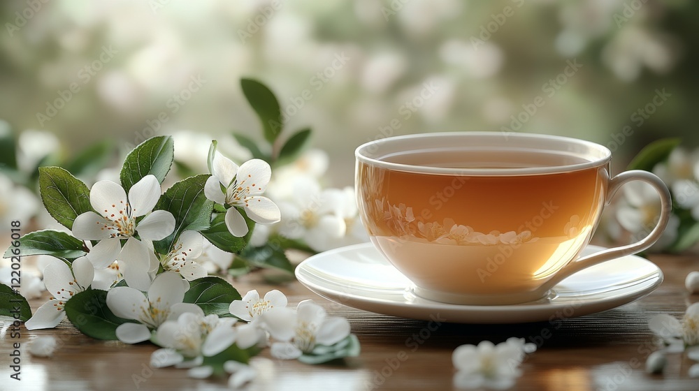 A cup of tea sits on a wooden table next to a sprig of white blossoms, bathed in soft sunlight. A cup of tea sits on a wooden table next to a sprig of white blossoms, bathed in soft sunlight.