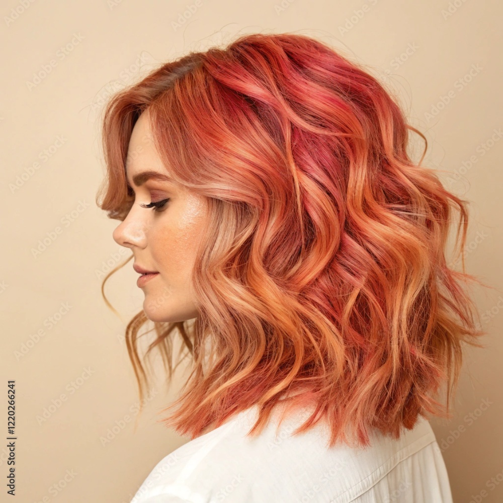 A young woman with wavy, shoulder-length hair in shades of red, orange, and pink gazes to the side with a soft expression A young woman with wavy, shoulder-length hair in shades of red, orange, and pink gazes to the side with a soft expression