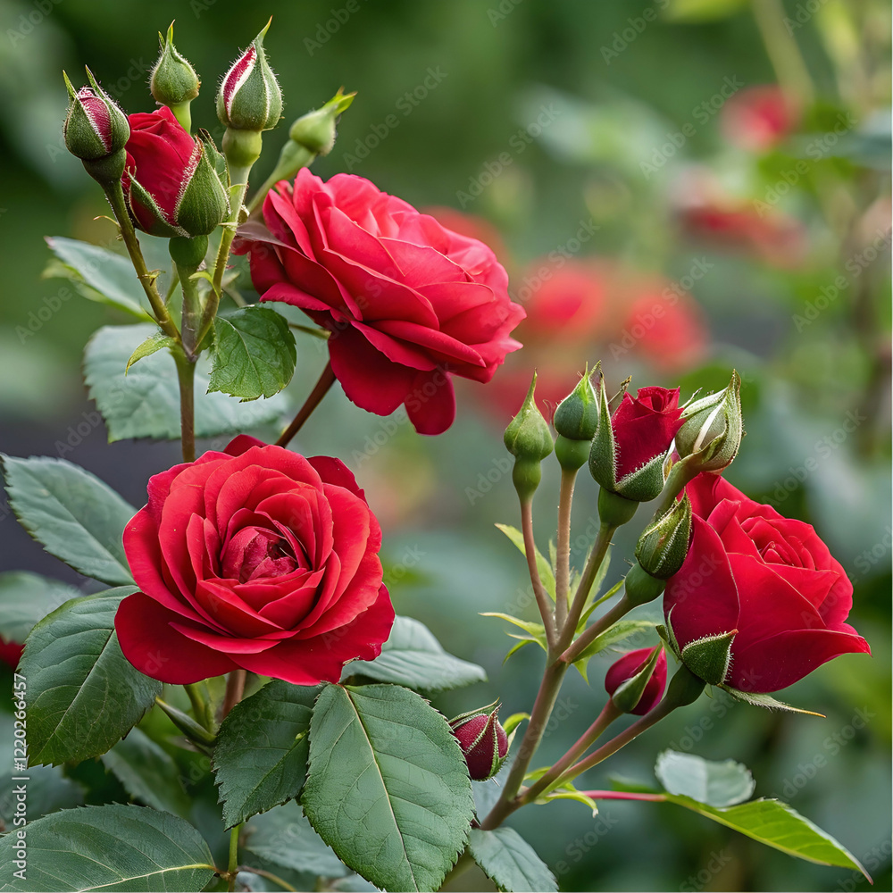 Fototapeta premium red roses with buds and green leaves