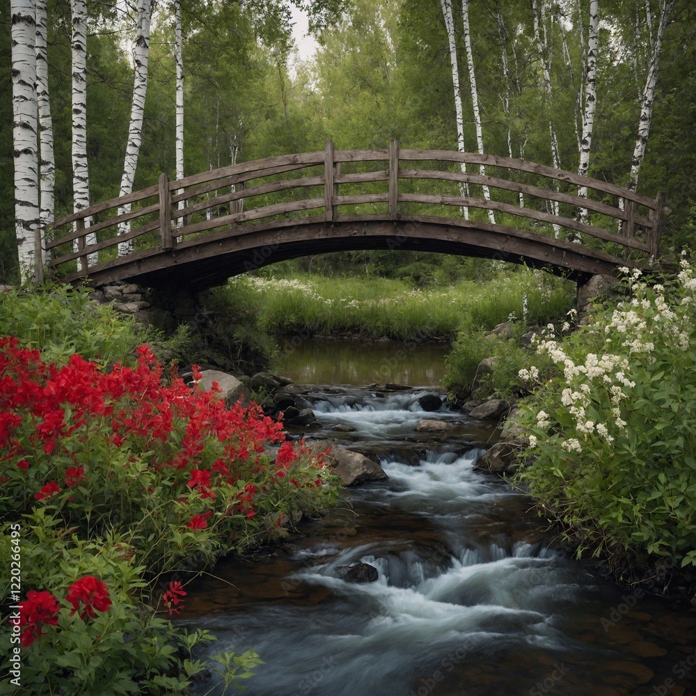 Fototapeta premium A small bridge over a stream in a park, surrounded by red flowers and white birches.