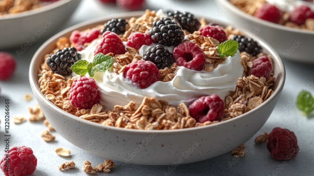 Bowl of granola with yogurt, raspberries, and blackberries. Bowl of granola with yogurt, raspberries, and blackberries.