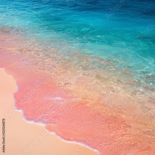 idyllic pink sand beach with shimmering turquoise sea water, showcasing a peaceful atmosphere with soft waves and distant islands