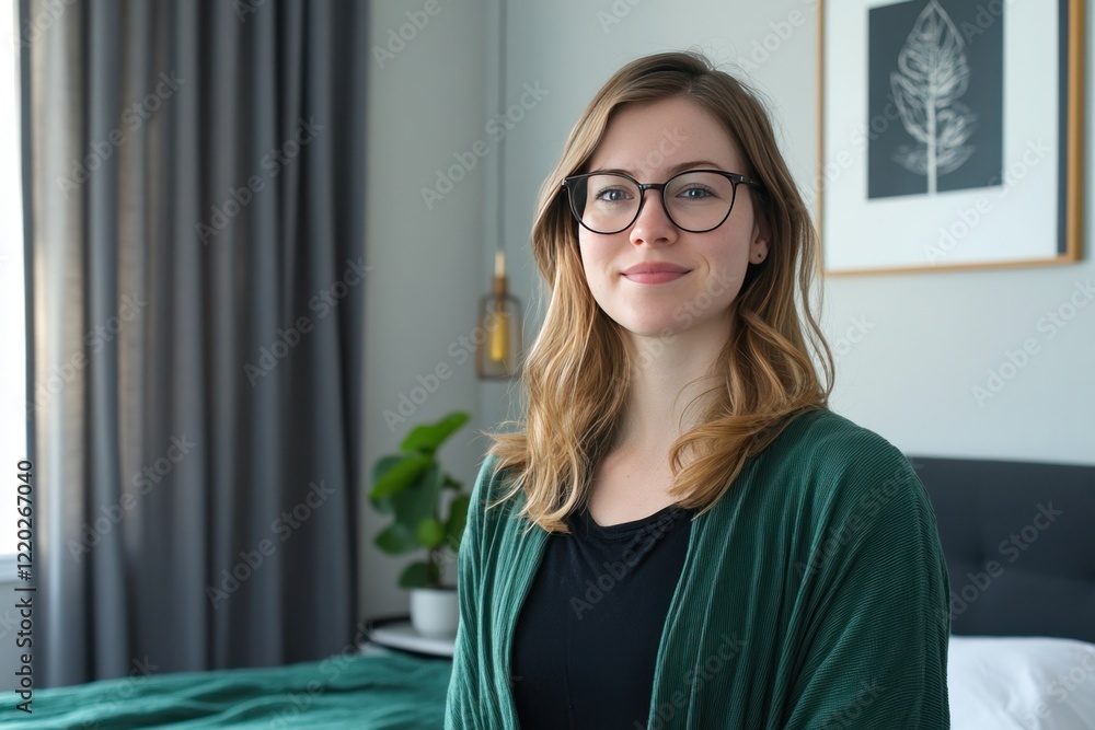 Young woman in green cardigan, smiling, indoor portrait. Young woman in green cardigan, smiling, indoor portrait.