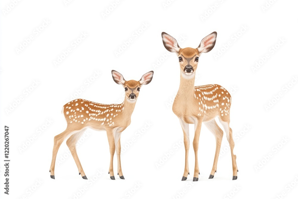 Two adorable fawns standing together in a bright white background, showcasing their playful nature and innocence Two adorable fawns standing together in a bright white background, showcasing their playful nature and innocence