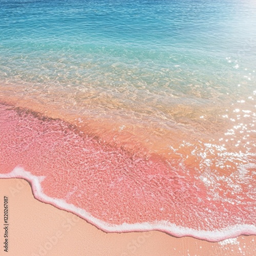 idyllic pink sand beach with shimmering turquoise sea water, showcasing a peaceful atmosphere with soft waves and distant islands