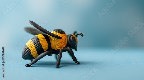 A small wooden bee figurine painted in bold yellow and black stripes, isolated on a soft gradient backdrop. photo