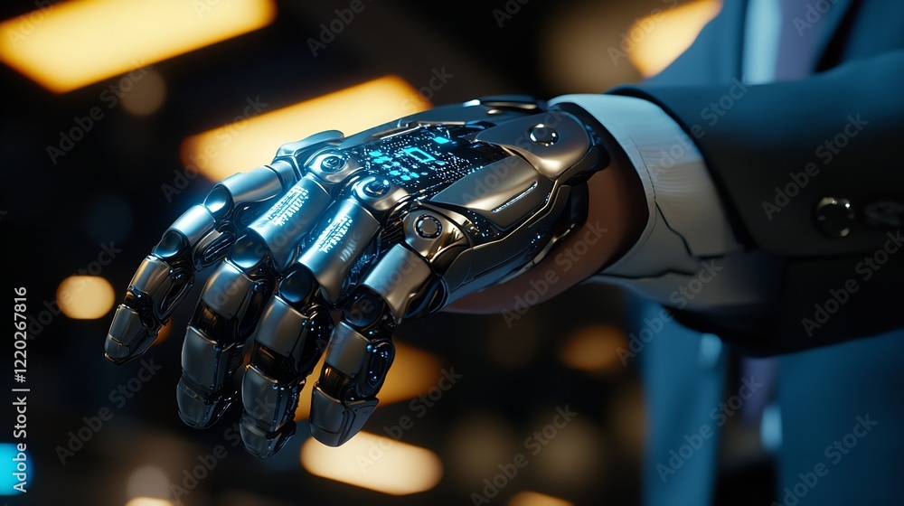 Businessman's Hand in Suit and an Artificial Intelligence Interface Businessman's Hand in Suit and an Artificial Intelligence Interface