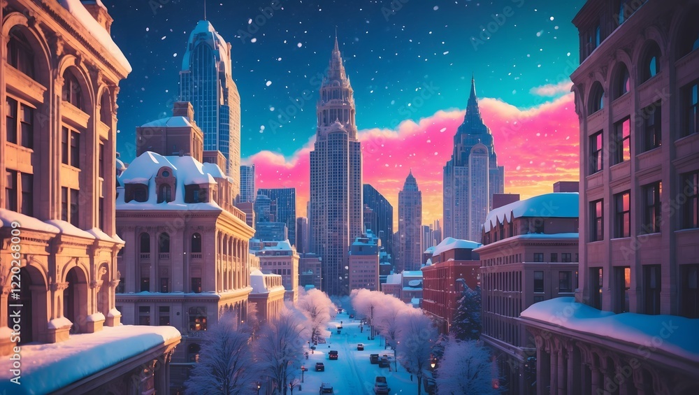 Fototapeta premium a richly detailed and hyper-realistic photograph of a snow-encrusted cityscape in the warm, golden light of a winter evening, with towering skyscrapers, intricate archways, and bustling streets, set a